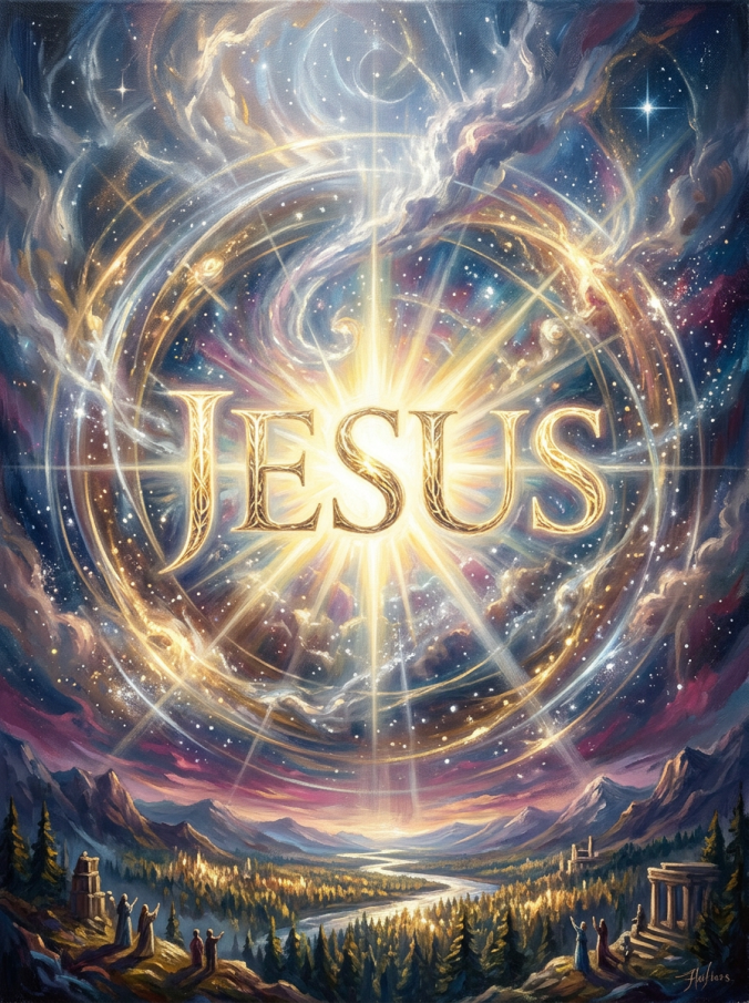 The name Jesus glowing brightly with a cosmic light surrounded by stars and clouds