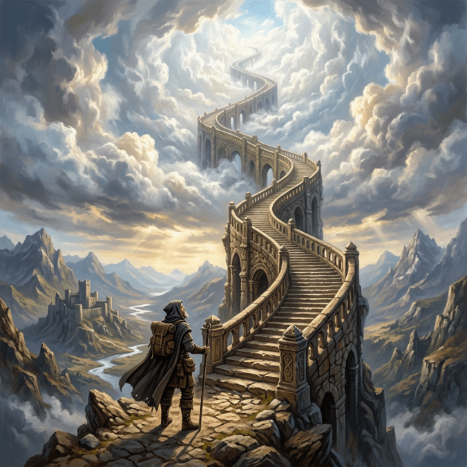 Traveler with cloak and staff looking at a spiraling stone staircase leading into the clouds