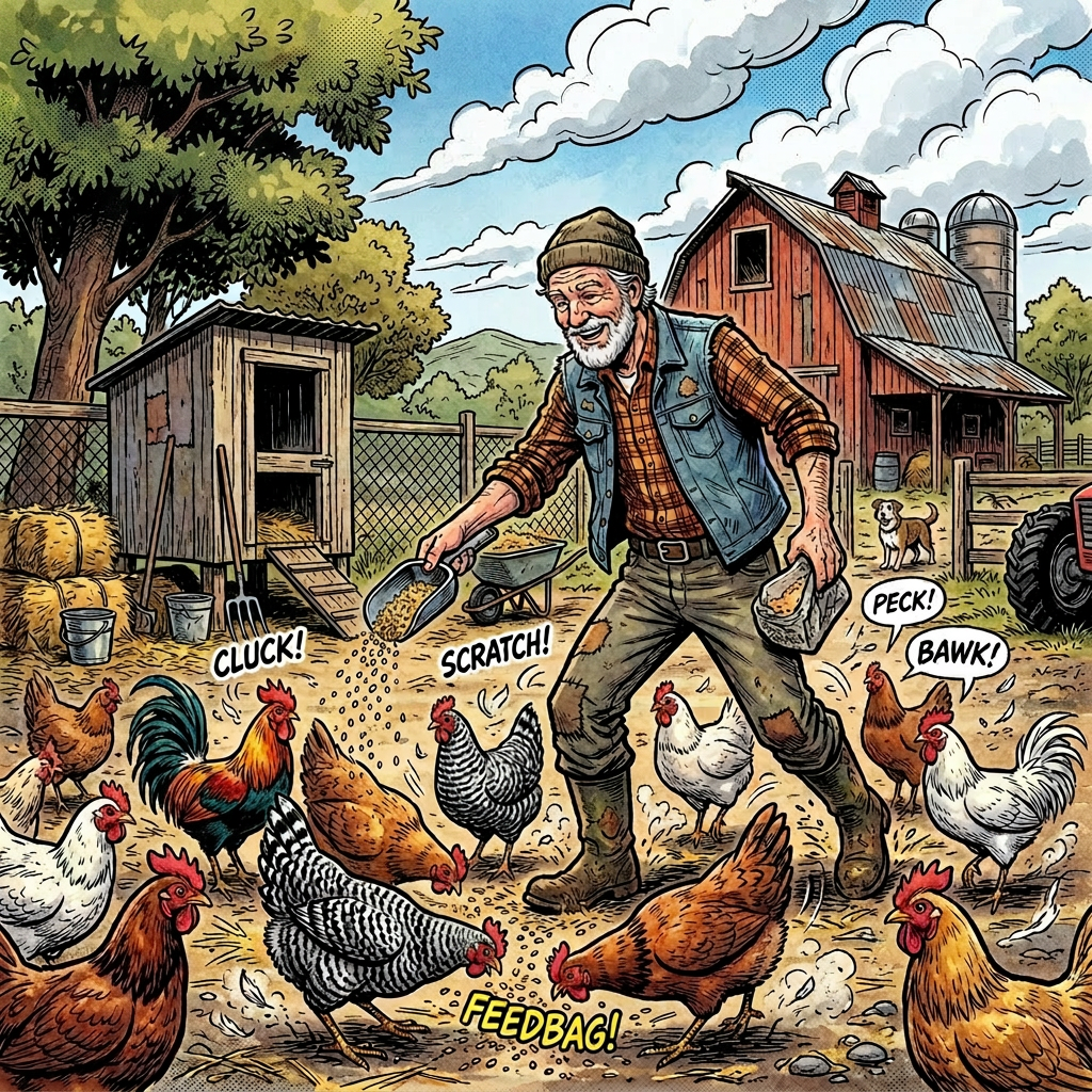 Older man feeding chickens in a farmyard with a barn, coop, and dog