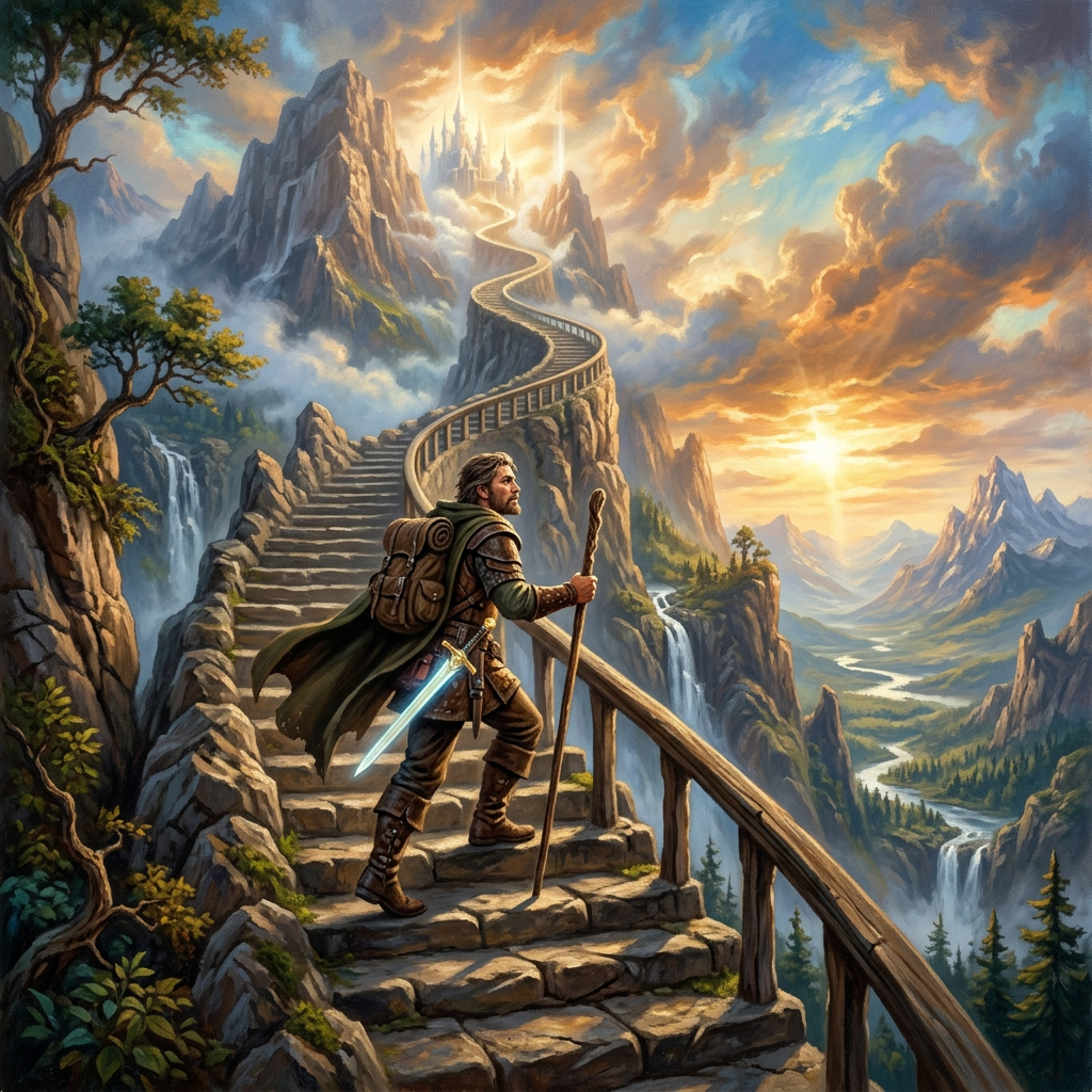 Man climbing upward steps symbolizing progress