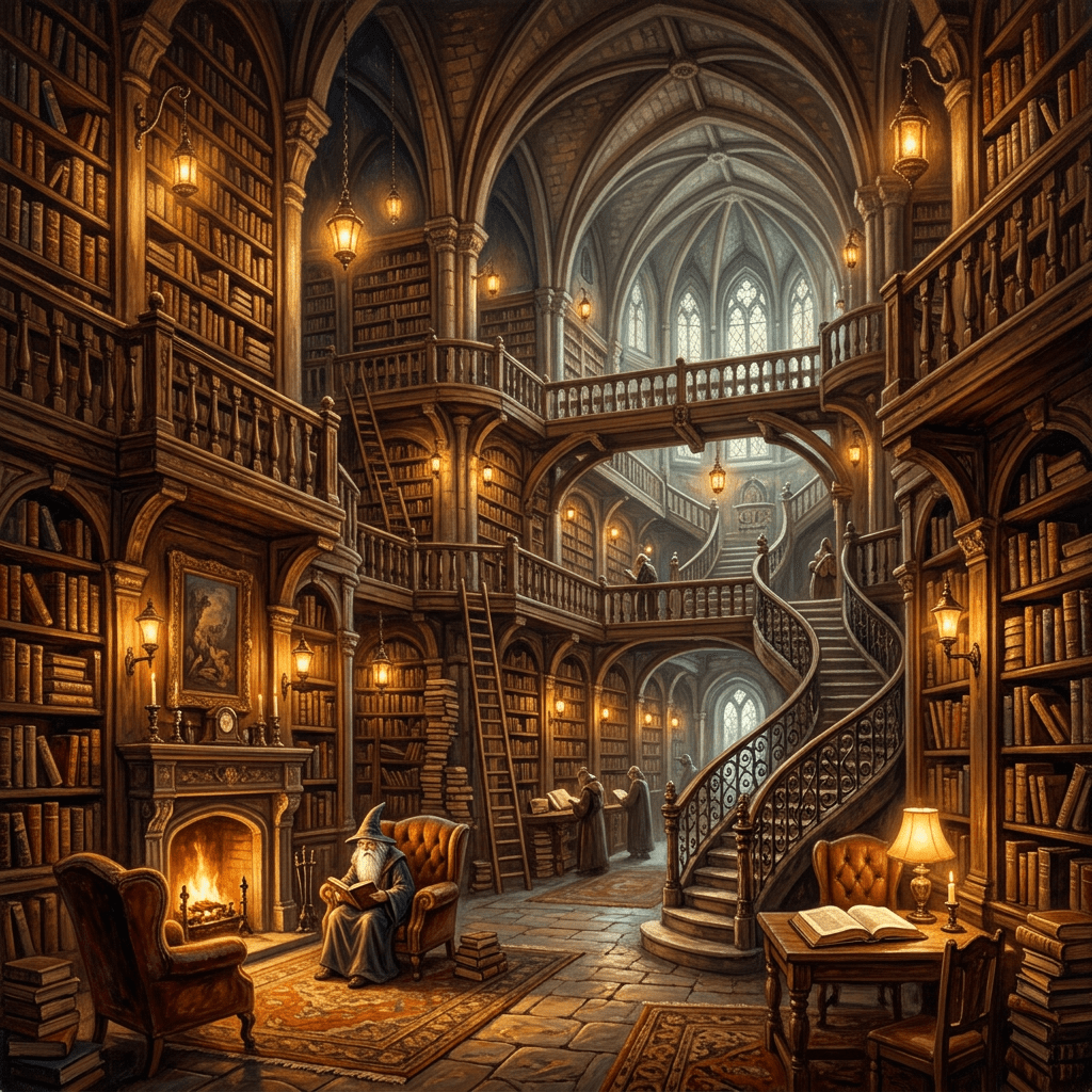 A grand medieval library interior with towering wooden bookshelves, spiral staircases, and wizards reading