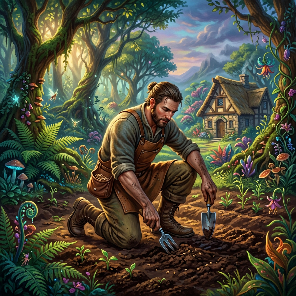 Gardener planting seedlings in an enchanted forest beside a cottage