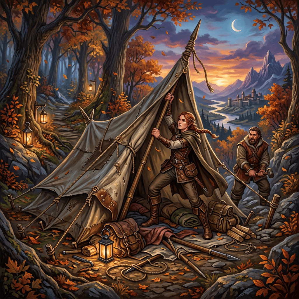 Two adventurers beside a tent in an autumn forest beneath a crescent moon