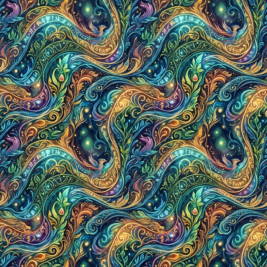 Repeating ornate pattern with peacocks, leaves, vines, paisleys, and glowing accents