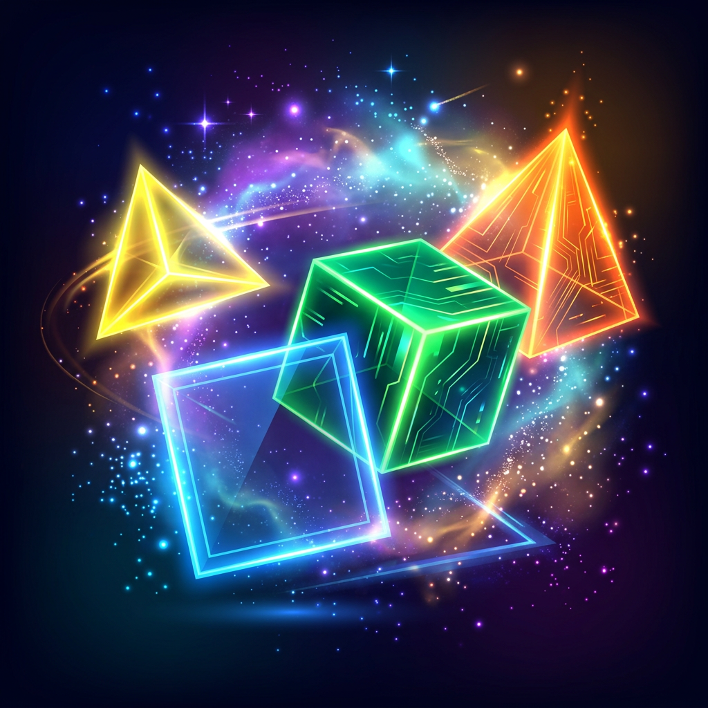Glowing cube and triangular shapes floating amid colorful stars