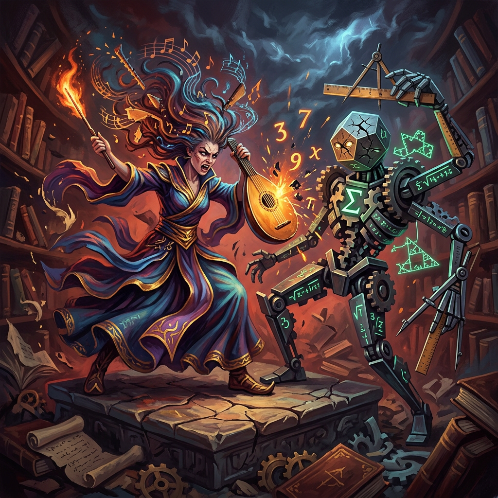 Fierce musician battling an equation-covered automaton in a magical library