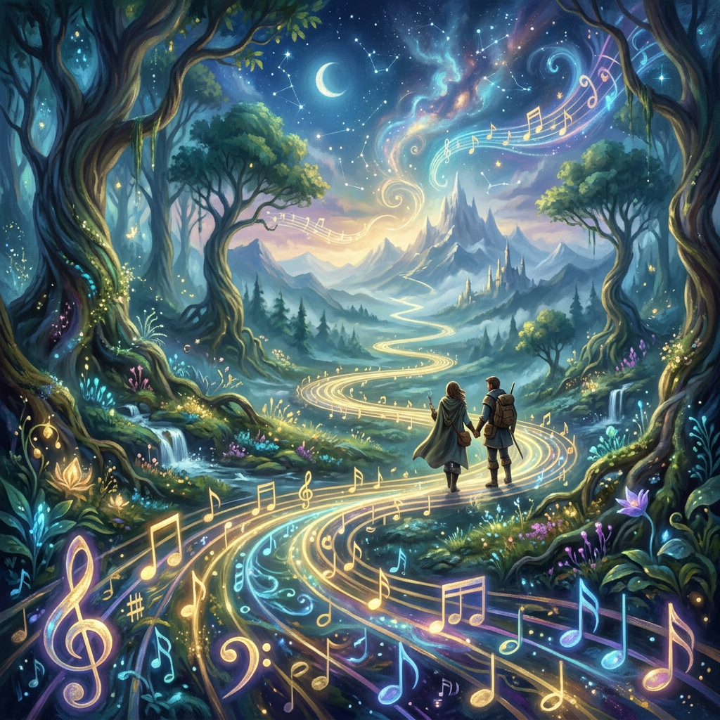 Two travelers follow glowing musical notes through an enchanted forest toward mountains