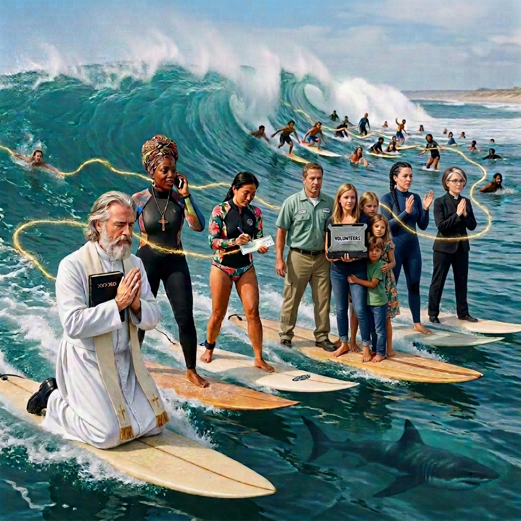 Surfers and volunteers on boards; visible text reads “VOLUNTEERS” and “3027-2028.”
